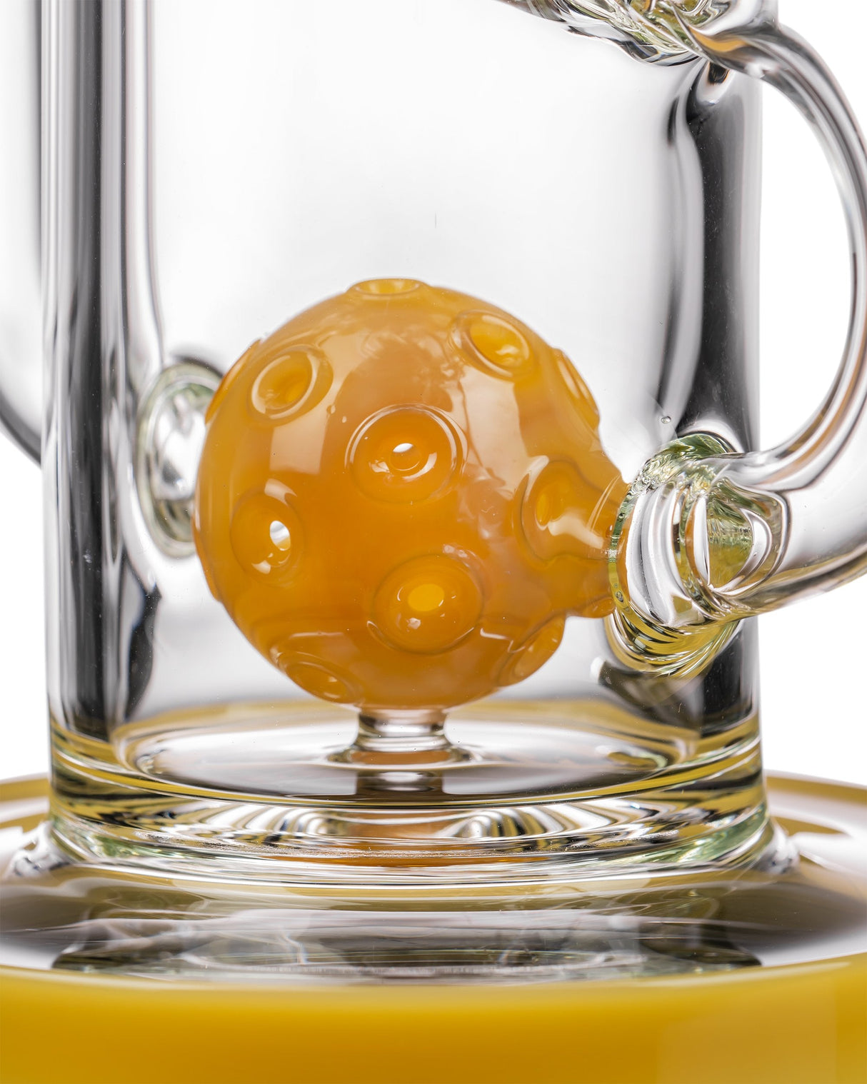Close-up of Diamond Glass Ball Perc Incycler with Yellow Accents, 90 Degree Joint