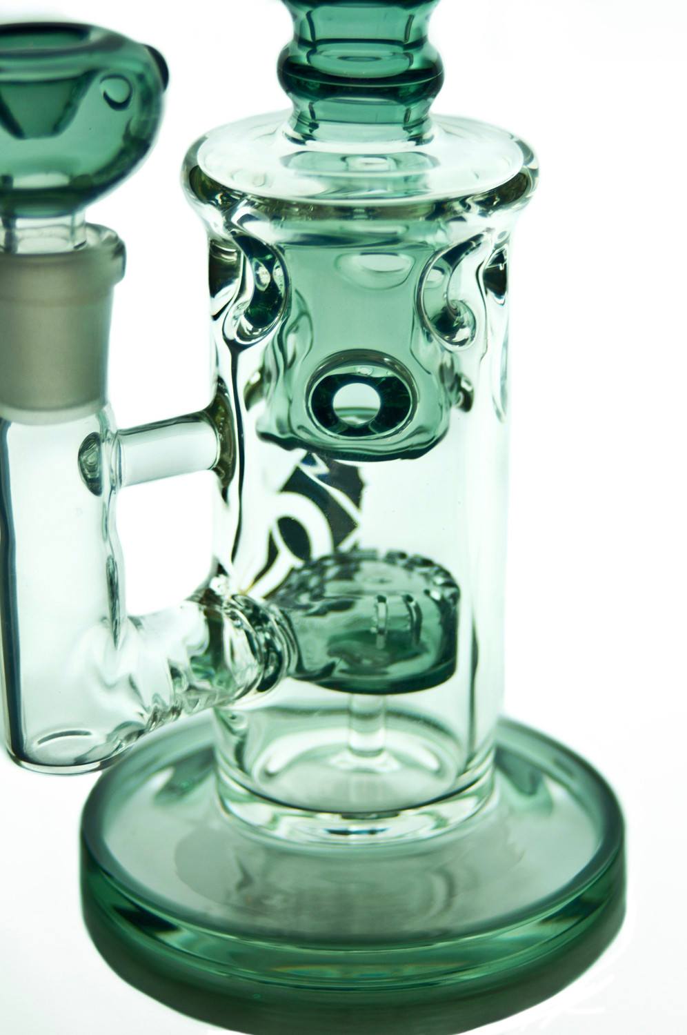 Diamond Glass bong with barrel to Swiss perc design, clear glass, side view, 9" height