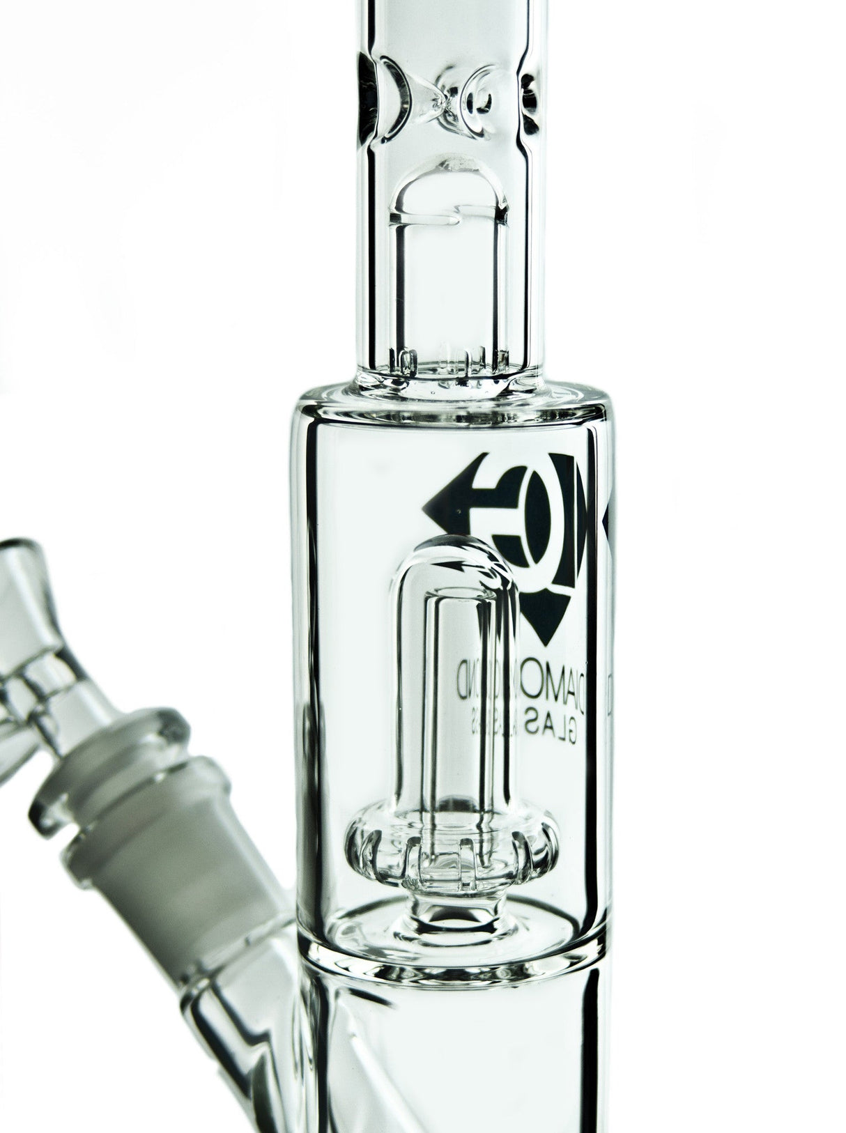 Close-up of Diamond Glass 11'' Beaker Bong with Showerhead Perc, clear glass design, and logo detail.