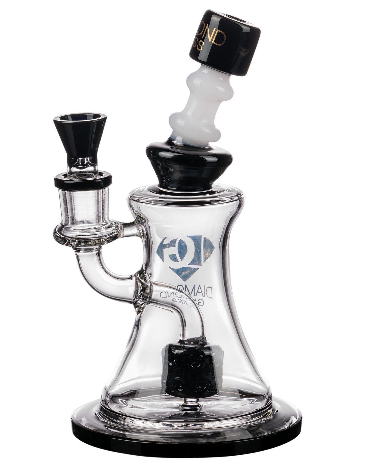 Diamond Glass Big Puck Dab Rig in Black, Front View, with Quartz Banger - 9" Tall