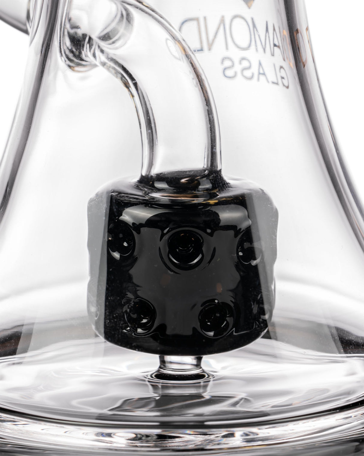 Close-up of Diamond Glass Big Puck Dab Rig with black percolator, heavy wall glass, for concentrates.