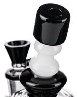Close-up of Diamond Glass Big Puck Dab Rig with black and white design, 9" tall, heavy wall borosilicate glass