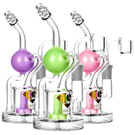 Diamond Glass Buoy Recycler Rigs in purple, green, and pink with showerhead percolators