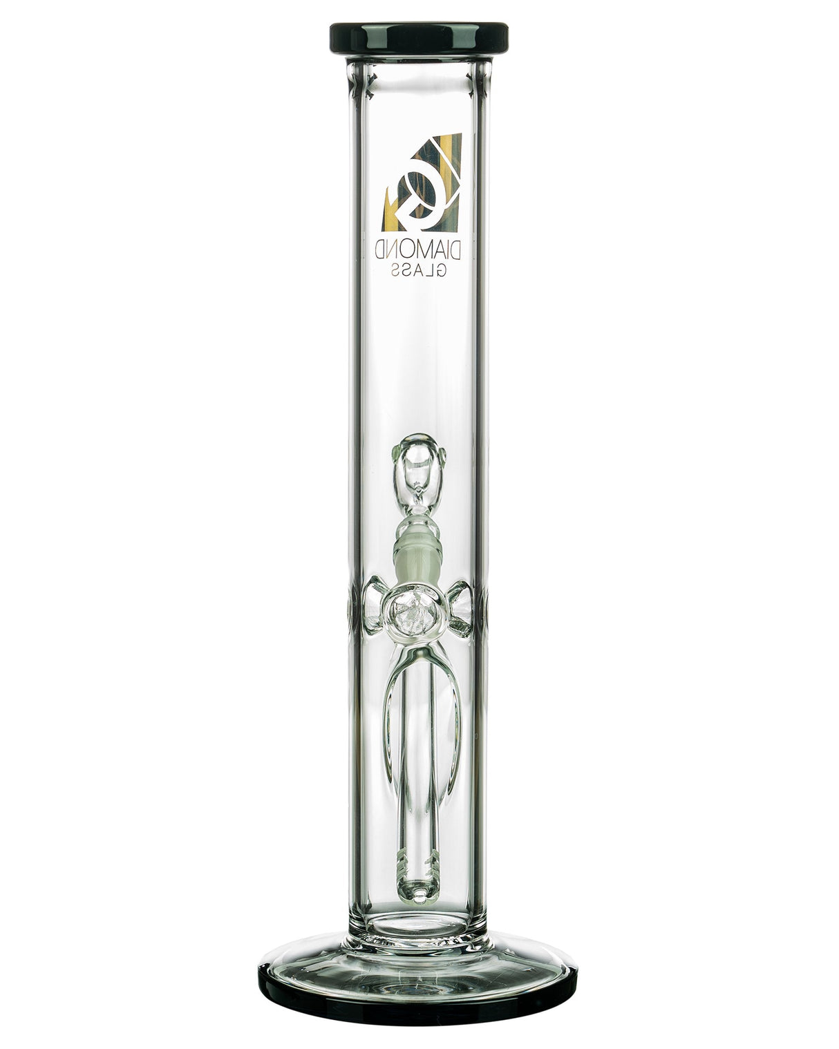Diamond Glass 13'' Straight Tube Bong in Clear with Black Accents, Borosilicate Glass, Front View