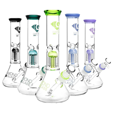 Diamond Glass Clear Mansion Water Pipes with colorful percolators, 45-degree joint angle, front view
