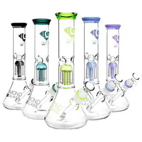Diamond Glass Clear Mansion Water Pipes with colorful percolators, 45-degree joint angle, front view