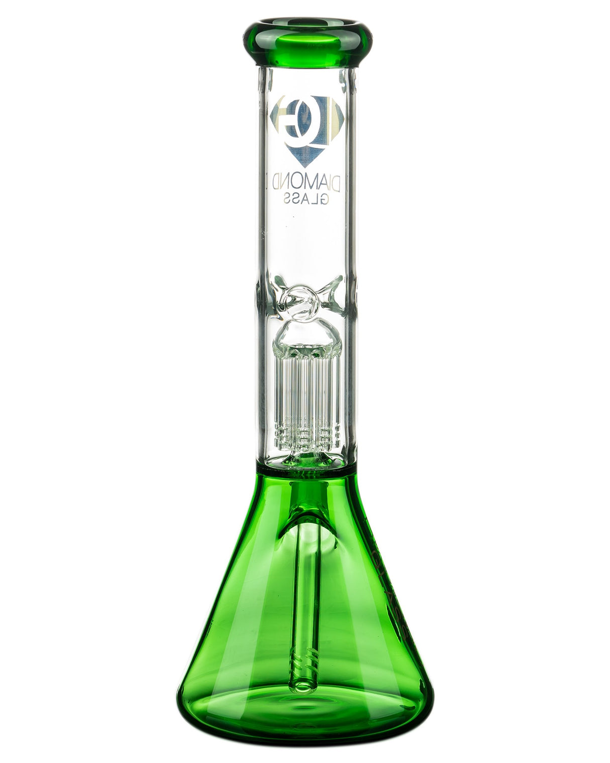 Diamond Glass 13'' Beaker with Eight Arm Tree Perc in Green, Front View - High-Quality Borosilicate