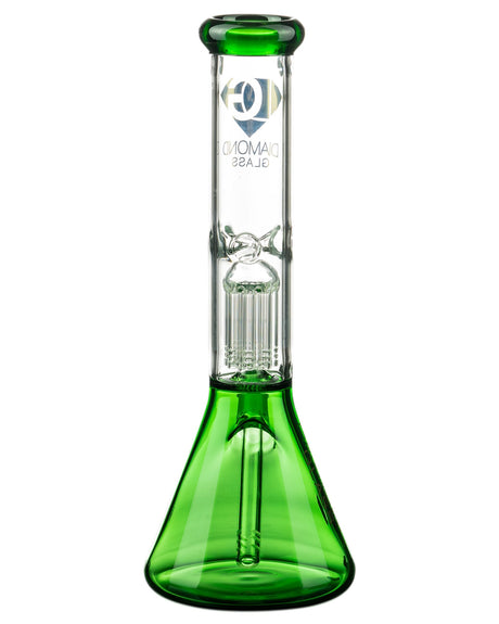 Diamond Glass 13'' Beaker with Eight Arm Tree Perc in Green, Front View - High-Quality Borosilicate