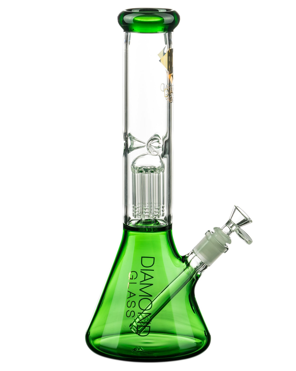 Diamond Glass 13'' Beaker with 8-Arm Tree Perc, Borosilicate Glass, Front View - DankGeek