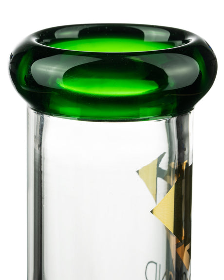 Close-up of Diamond Glass 13'' Beaker with Eight Arm Tree Perc and green accents