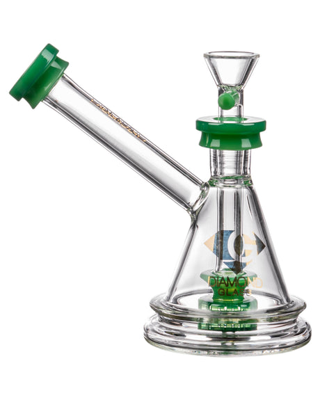 Diamond Glass Gavel Hammer Bubbler with green accents, showerhead percolator, for dry herbs, side view