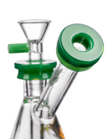 Close-up of Diamond Glass Gavel Hammer Bubbler with green accents, clear borosilicate glass, and showerhead percolator.