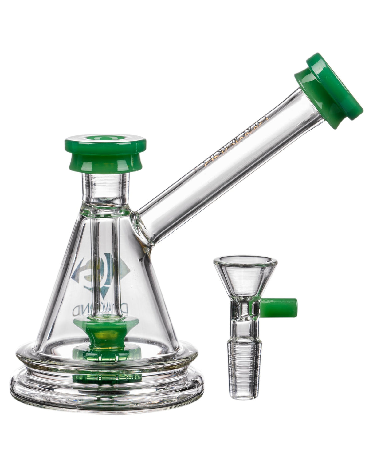 Diamond Glass Gavel Hammer Bubbler with Showerhead Percolator, Clear and Green, Front View