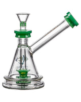 Diamond Glass Gavel Hammer Bubbler, clear with green accents, side view, for dry herbs, made in USA.