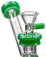 Close-up of Diamond Glass Gavel Hammer Bubbler with green accents and showerhead percolator