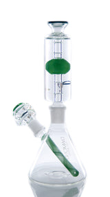 Diamond Glass Glycerin Beaker Bong with Slitted Percolator and Green Accents - Front View