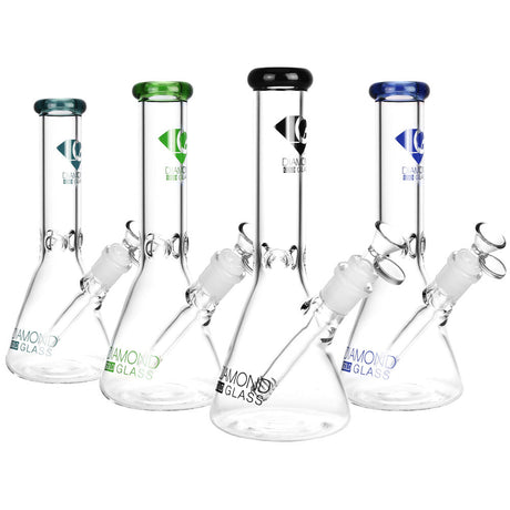 Diamond Glass Gold Clone Beaker Water Pipes in a row with colored accents and logos, front view on white background