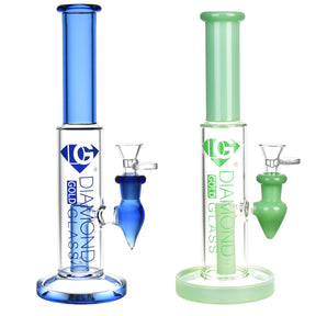 Diamond Glass Gold Cylinder Water Pipes in blue and green, 10.25" tall, 14mm female joint, front view