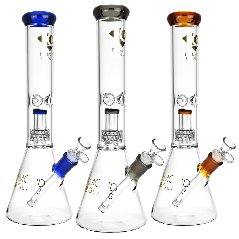 Diamond Glass Gold Warp Water Pipes with colored accents, beaker design, clear borosilicate glass, front view.