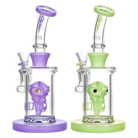 Diamond Glass Icon Xeno Water Pipes in purple and green, front view with alien design, 8" height, 90 degree joint