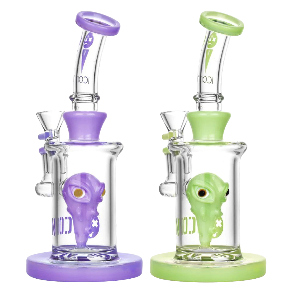 Diamond Glass Icon Xeno Water Pipes in purple and green, front view with alien design, 8" height, 90 degree joint