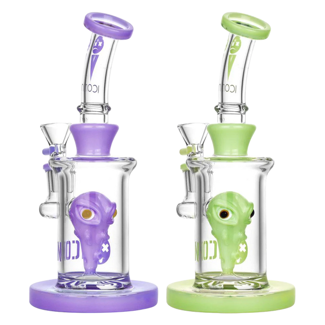 Diamond Glass Icon Xeno Water Pipes in purple and green, front view with alien design, 8" height, 90 degree joint