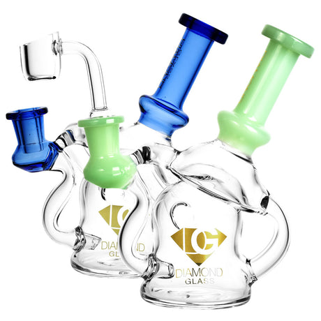 Diamond Glass Microscope Rigs in blue, green, and clear with 90-degree joints and recyclers, front view on white background