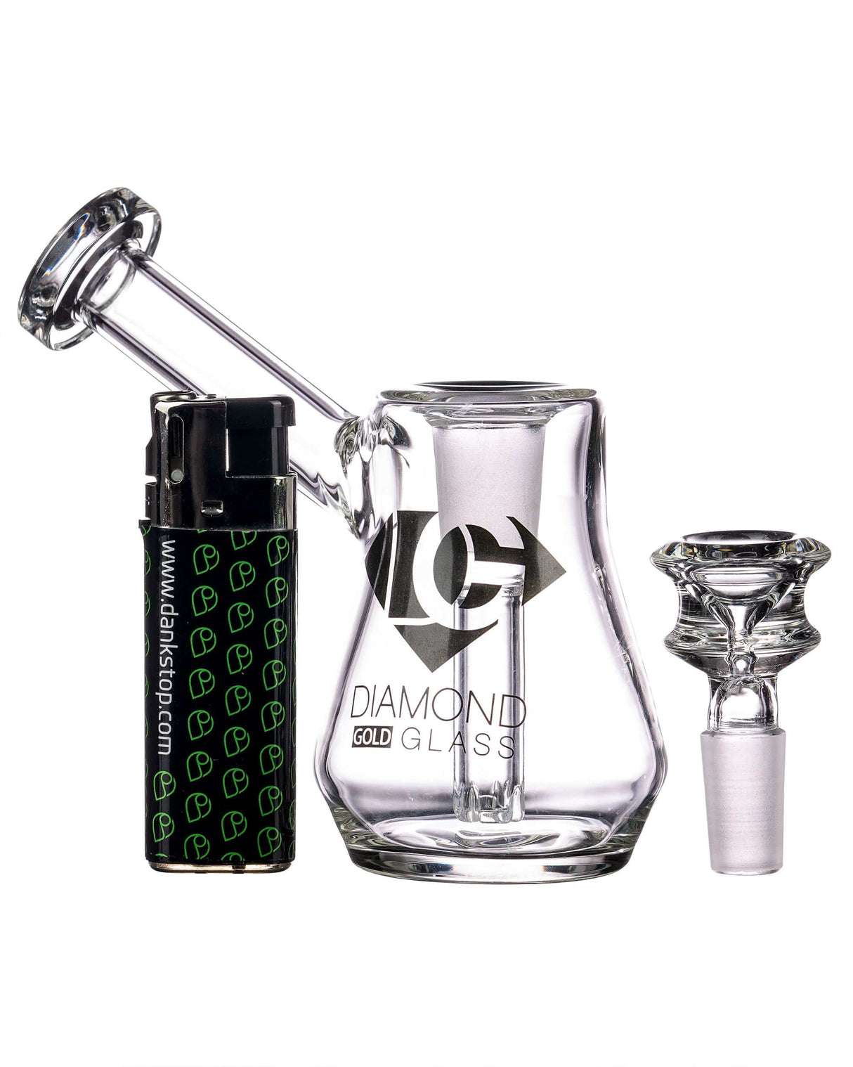 Diamond Glass Gavel Bubbler, clear borosilicate, 7.5" tall, 90-degree joint, front view with lighter