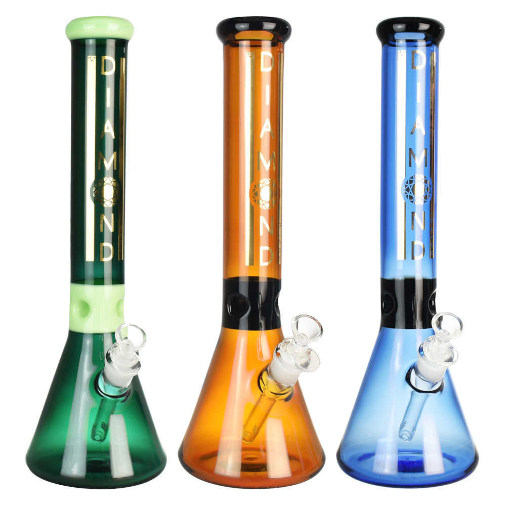 Diamond Glass Peasy Water Pipes in green, orange, and blue with beaker design and borosilicate glass