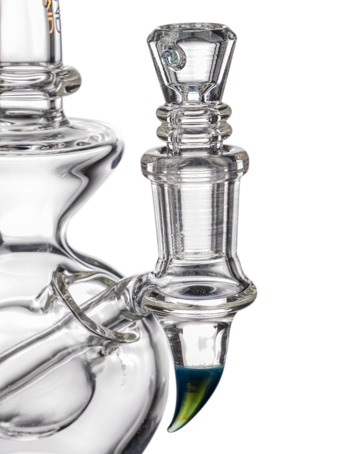 Diamond Glass Rigception Incycler with Showerhead Perc, Blue Accents, Close-up Side View