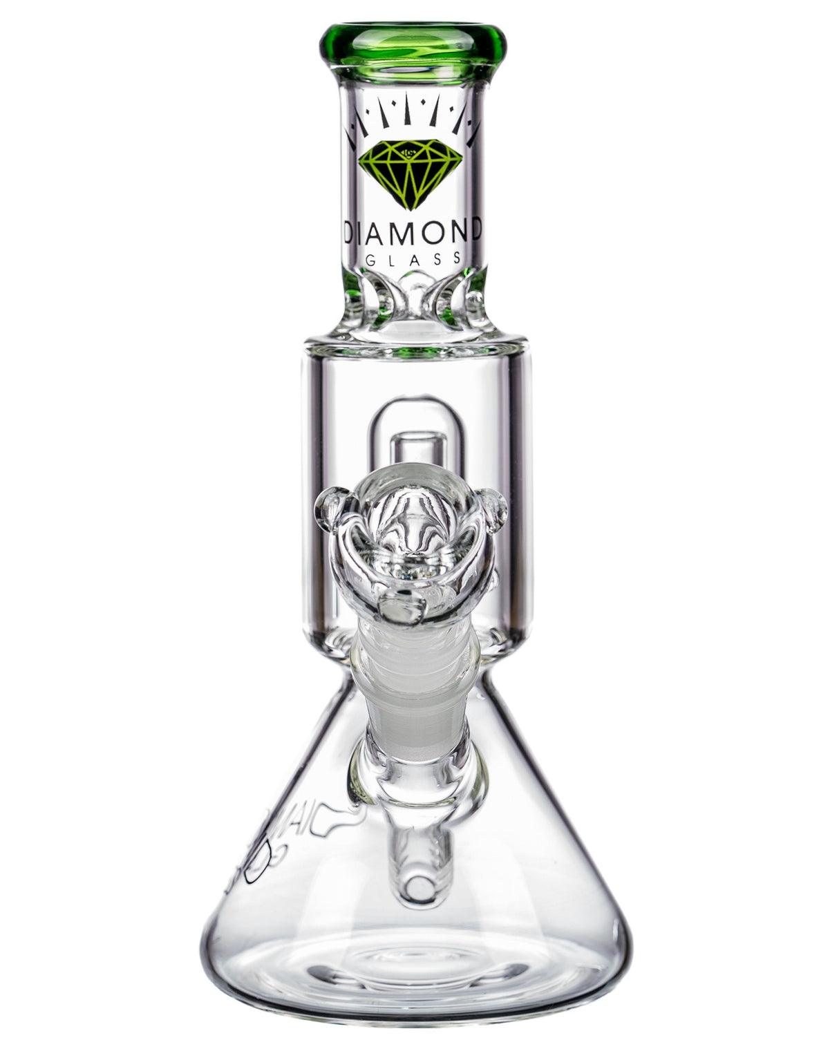 Diamond Glass Short Neck UFO Beaker Bong with Showerhead Percolator, Clear and Green Accents, Front View