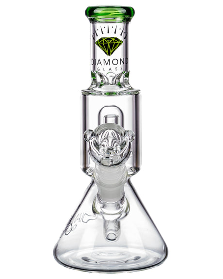 Diamond Glass Short Neck UFO Beaker Bong with Showerhead Percolator, Clear and Green Accents, Front View