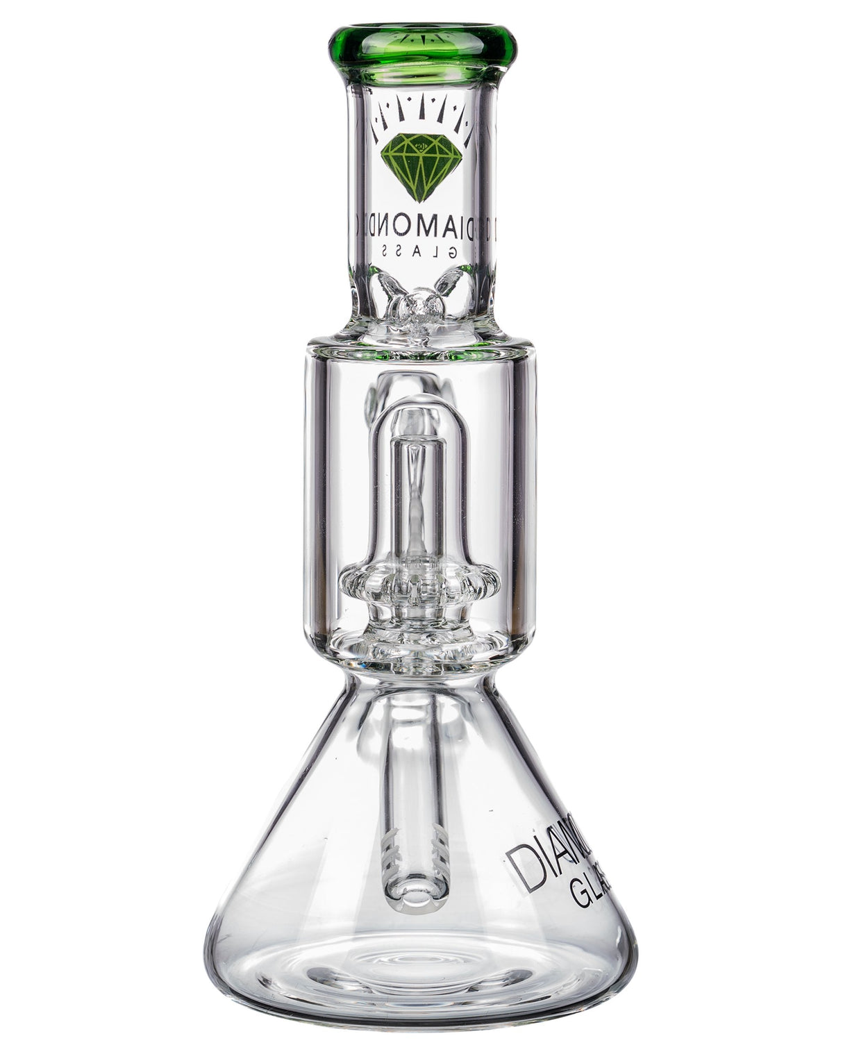 Diamond Glass 8" Short Neck UFO Beaker Bong, Clear with Green Accents, Showerhead Percolator, Front View