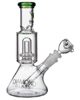 Diamond Glass - Clear Short Neck UFO Beaker Bong with Green Accents and Showerhead Percolator - Front View