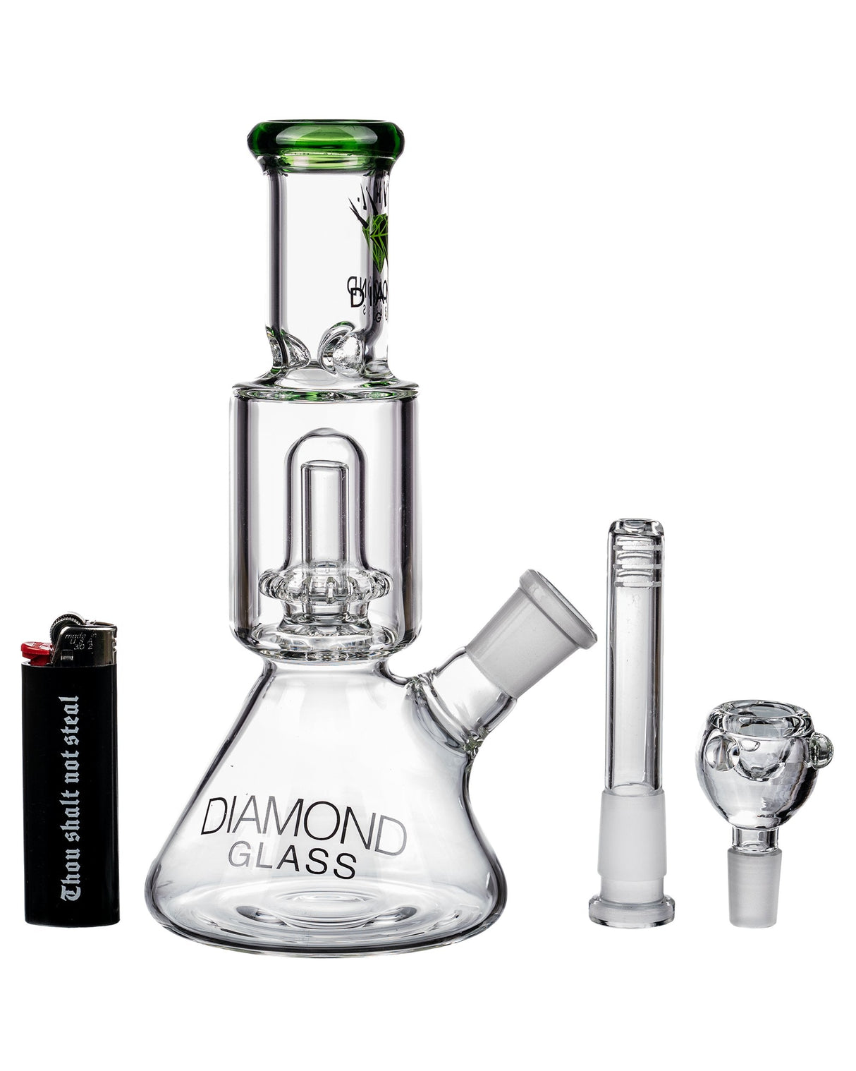 Diamond Glass - Clear & Green Short Neck UFO Beaker Bong with Showerhead Percolator, Side View
