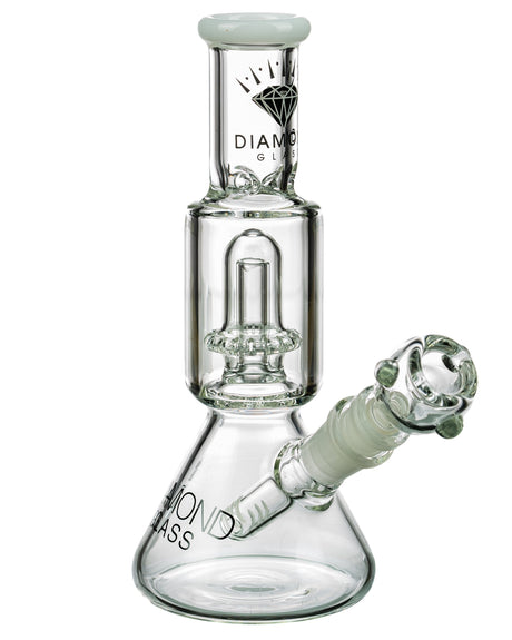 Diamond Glass 8" Short Neck UFO Beaker Bong in Clear with Showerhead Percolator and White Accents