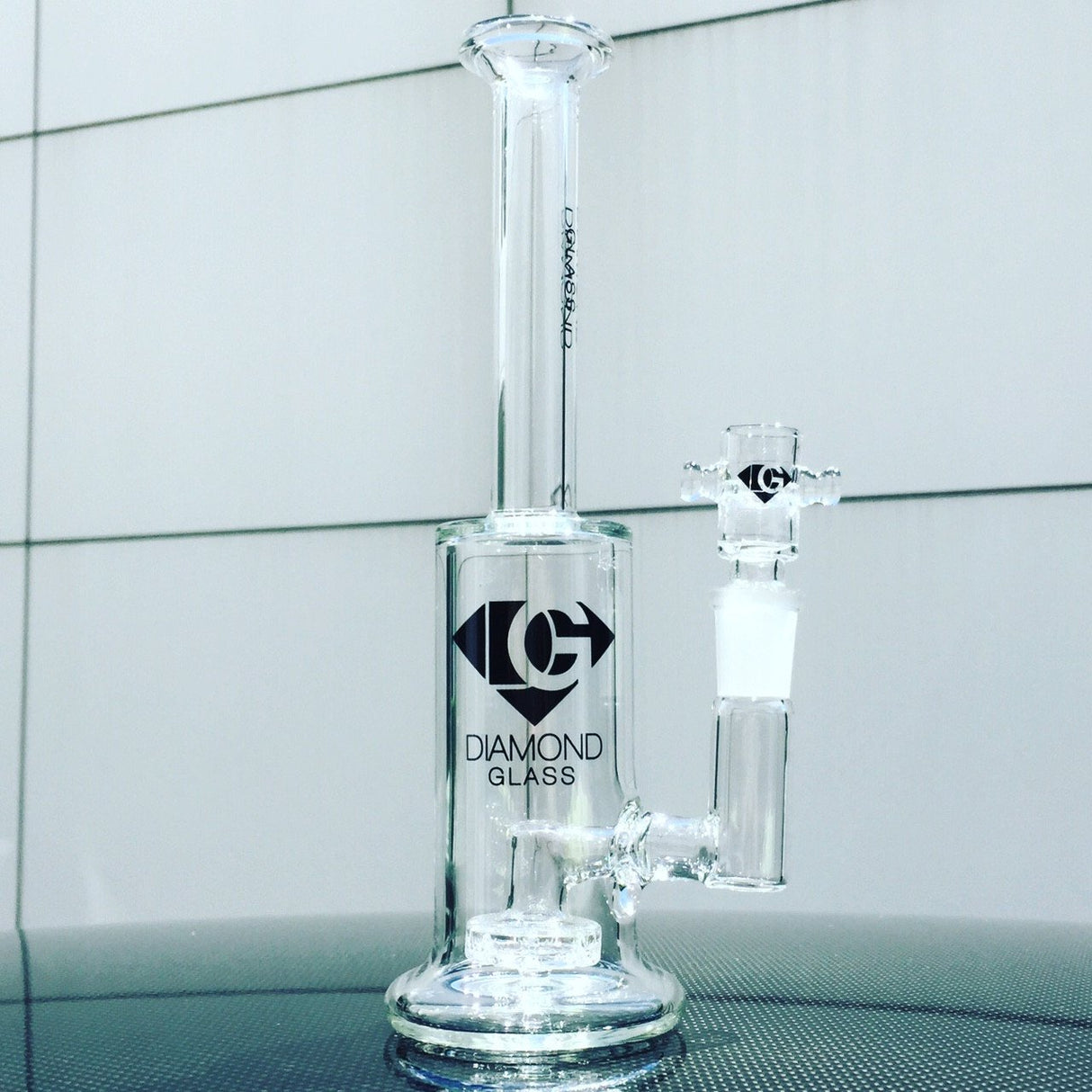 Diamond Glass - Showerhead Perc Water Pipe Front View | 8.5" High Quality Glass | DankGeek