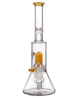 Diamond Glass Skinny Neck Beaker with UFO Perc, Clear Body, Yellow Accents, Front View