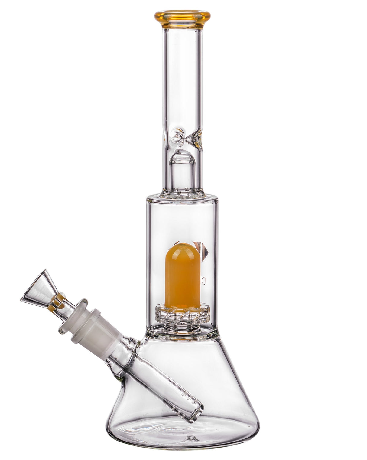 Diamond Glass Skinny Neck Beaker with UFO Chamber and Showerhead Percolator, 10" Tall, Clear with Yellow Accents