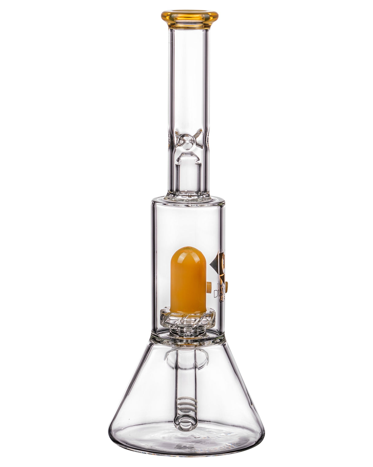 Diamond Glass Skinny Neck Beaker with UFO Perc, Yellow Accents, Front View - DankGeek