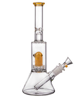 Diamond Glass Skinny Neck Beaker with UFO Chamber, Clear with Yellow Accents, 10" Height, 45 Degree Joint