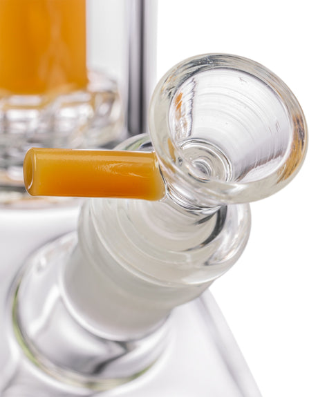 Diamond Glass Skinny Neck UFO Beaker with clear body and yellow downstem, close-up side view