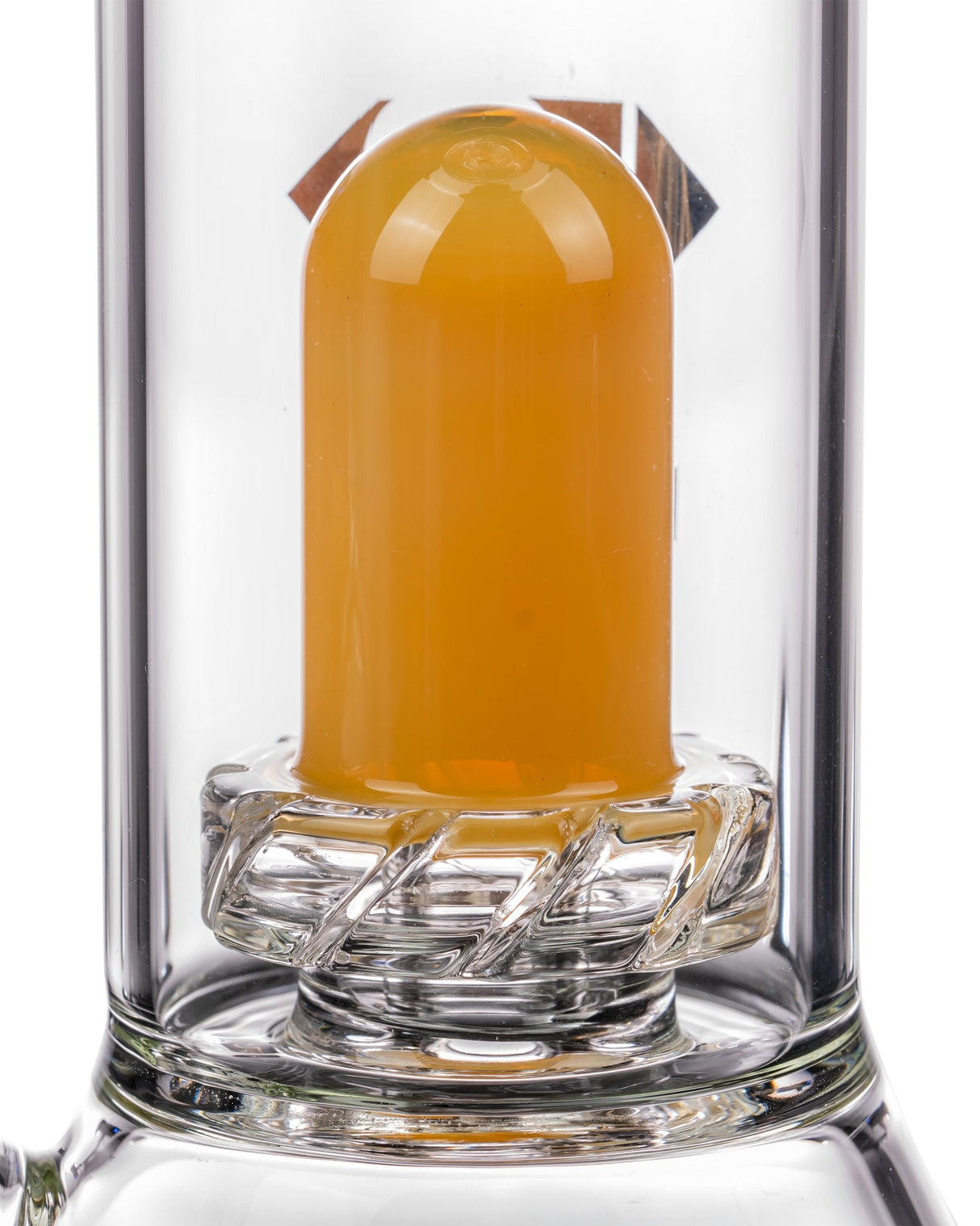 Close-up of Diamond Glass Skinny Neck UFO Chamber Beaker with yellow showerhead percolator