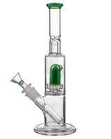 Diamond Glass Skinny Neck UFO Straight Tube bong with green accents and showerhead percolator, front view.