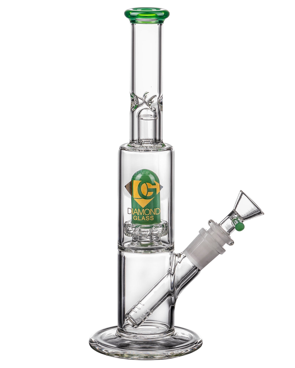 Diamond Glass Skinny Neck UFO Straight Tube Bong with Green Accents and Showerhead Percolator