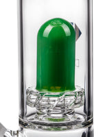Close-up of Diamond Glass Skinny Neck UFO Straight Tube with green showerhead percolator.