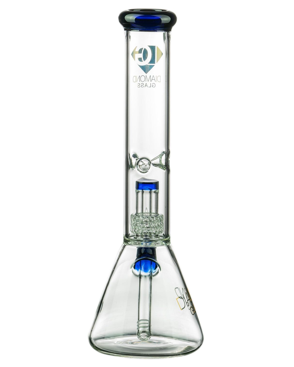 Diamond Glass 14'' Beaker with Blue UFO Perc and Clear Borosilicate Body - Front View