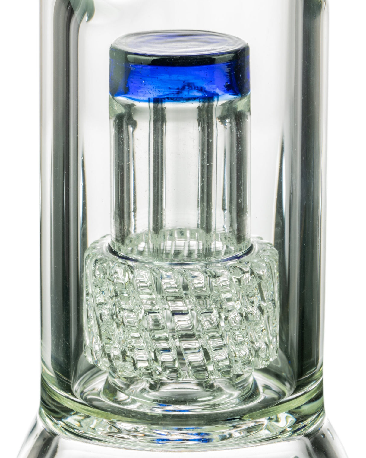 Close-up of Diamond Glass 14'' Beaker with UFO Perc, showcasing intricate percolation design.