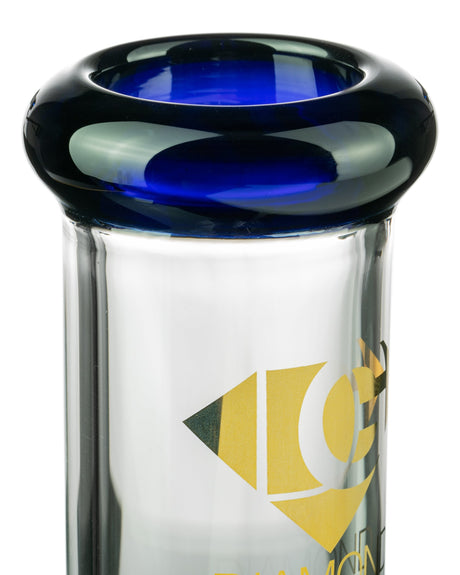 Close-up of Diamond Glass UFO Perc Beaker's mouthpiece, showcasing high-quality borosilicate glass and logo detail.