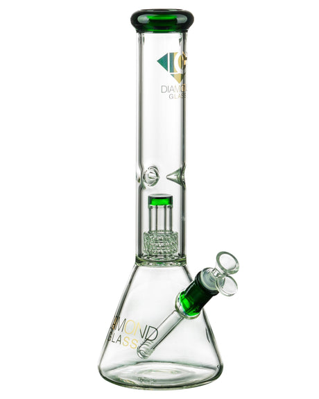 Diamond Glass 14'' Beaker with UFO Perc in Green - Front View on White Background